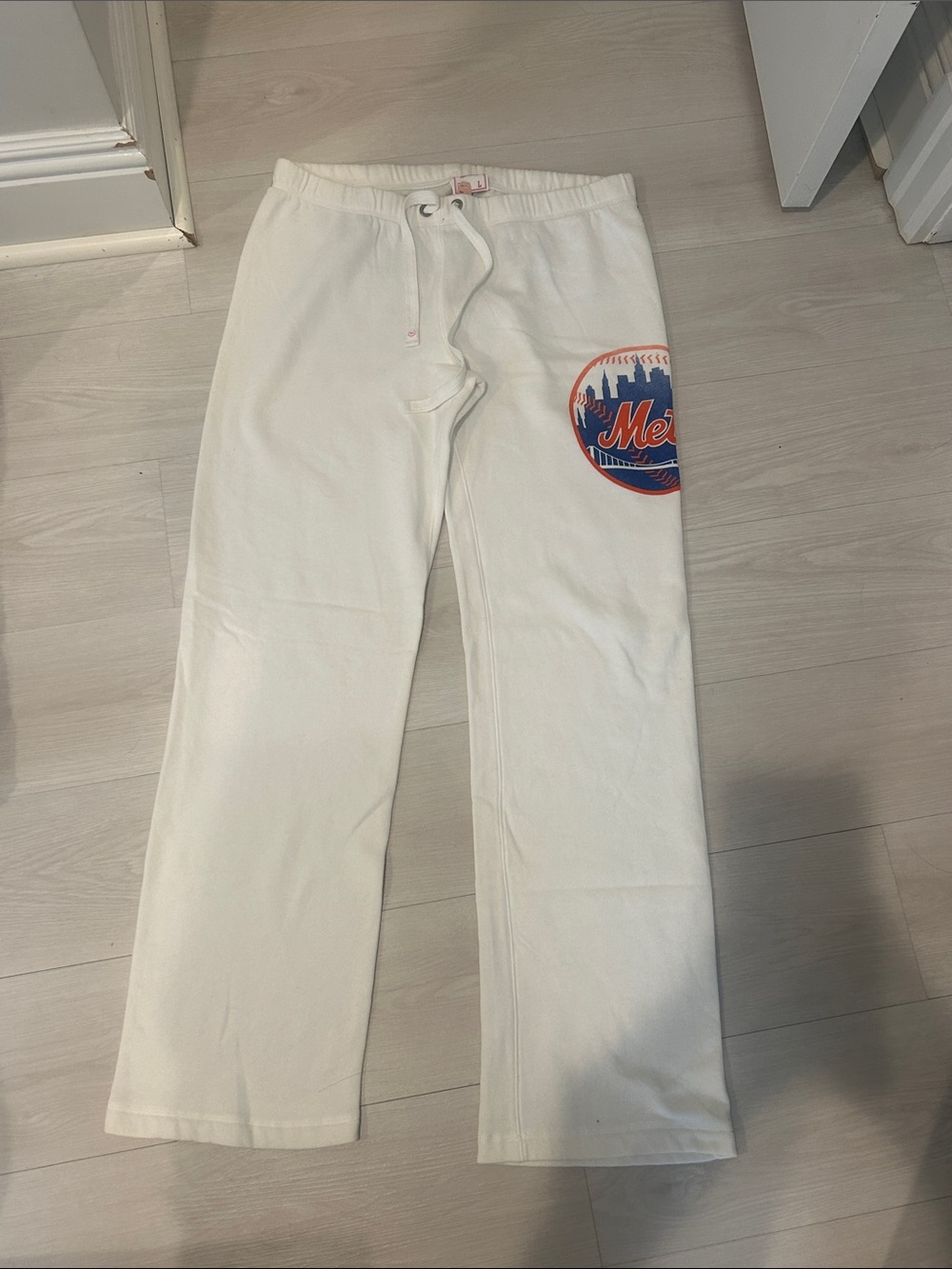 Victoria's Secret White Wide Leg Sweatpants with Mets Logo
